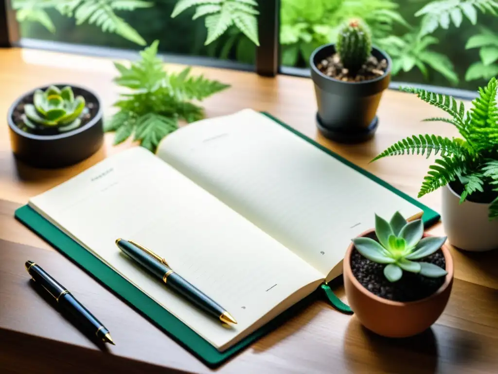 Un diario de jardinería minimalista en una mesa de madera rodeado de plantas de interior cuidadosamente seleccionadas, iluminado por luz natural