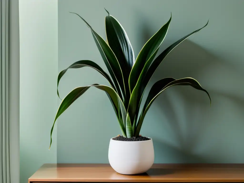 Un dibujo minimalista en blanco y negro de una planta Espada de San Jorge en un espacio sereno y bien iluminado, perfecto para el Feng Shui