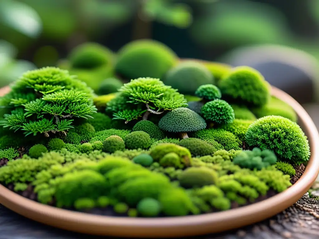 Un jardín de musgo meticulosamente diseñado con paisajes en miniatura, árboles bonsái y senderos serpenteantes