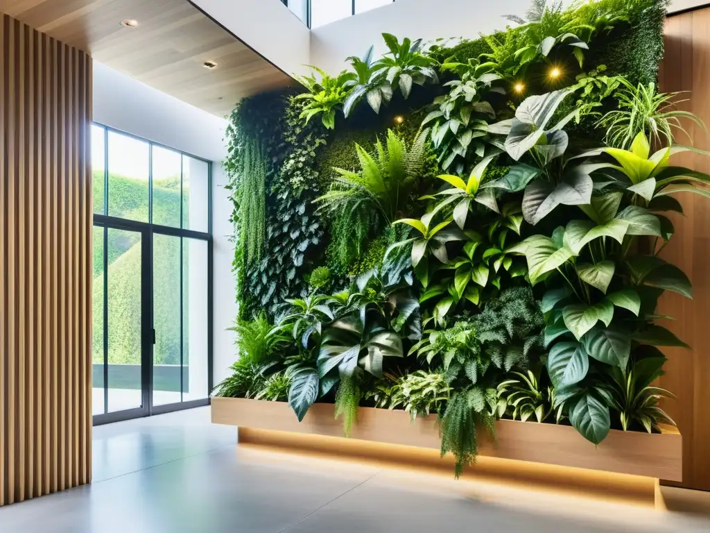 Un diseño biófilo para interiores: pared de plantas verdes en un espacio moderno, creando una atmósfera serena y conectada con la naturaleza