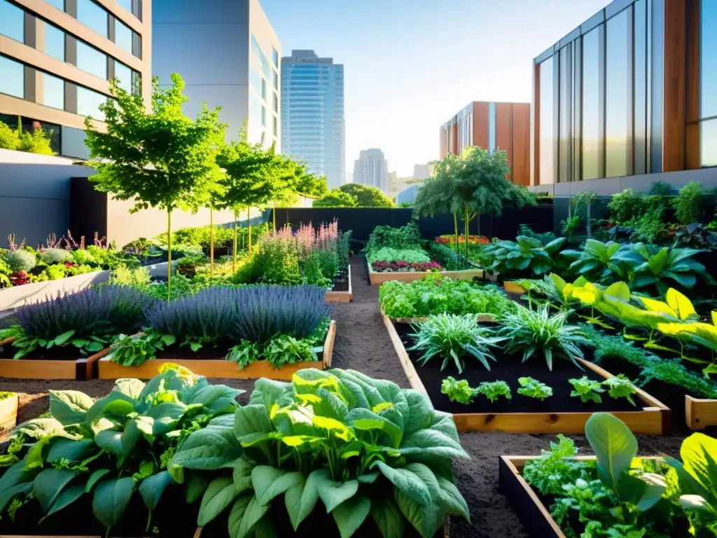 Diseño de jardines comestibles en entorno urbano con variedad de frutas y verduras, comunidad y arquitectura moderna