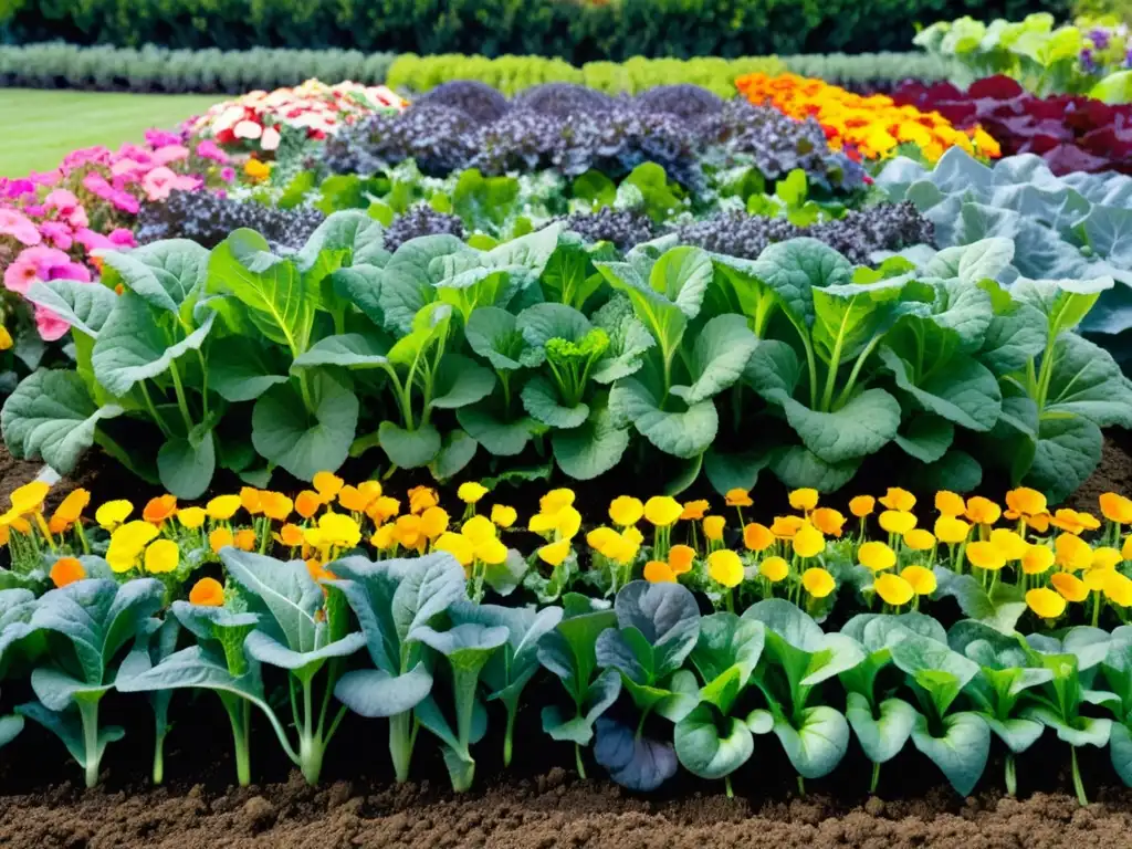 Diseño de jardines comestibles: una exuberante cama de vegetales y flores comestibles, bañada por la luz del sol y zumbando con la vida de las abejas