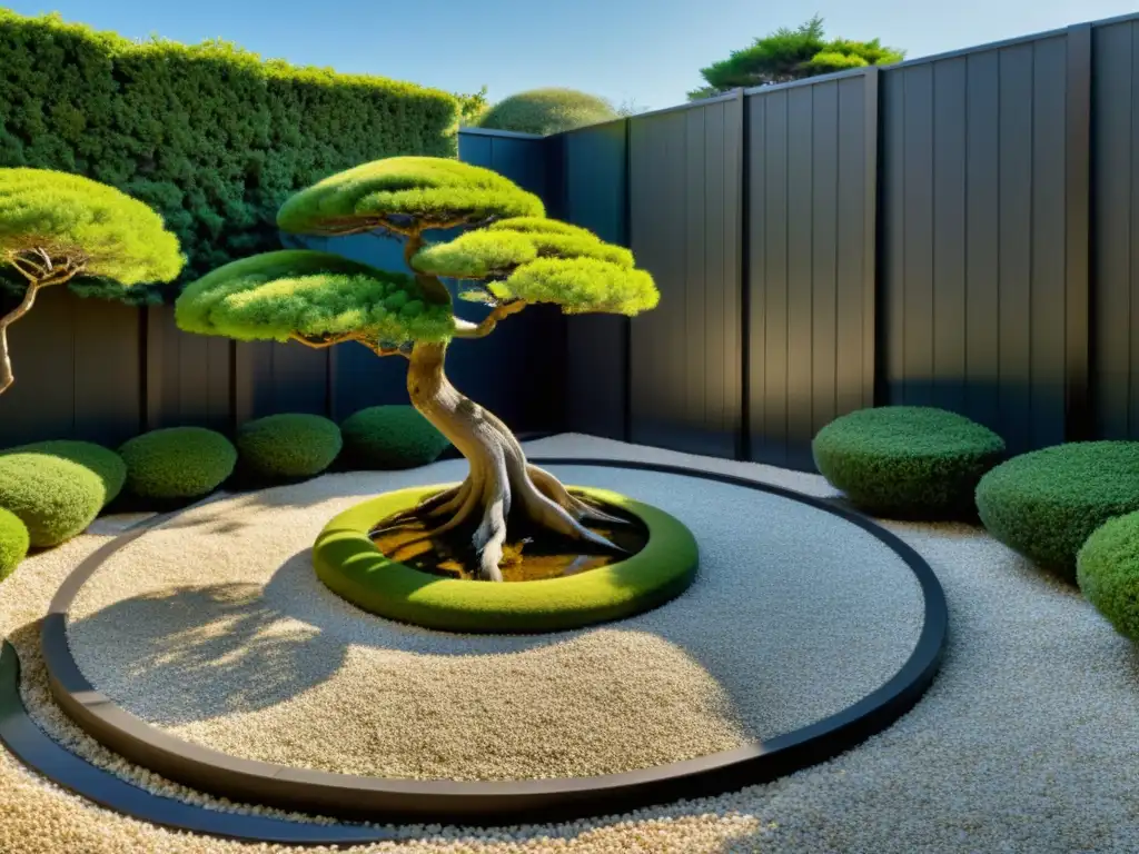 Diseño de jardín comunitario Feng Shui con senderos de guijarros, bonsáis y un sereno elemento de agua en el centro, bañado por suave luz matutina