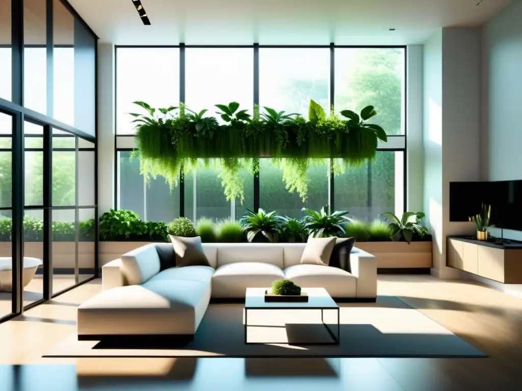 Diseño de espacios atractivos con sistemas hidropónicos: sala de estar moderna con ventanales, diseño minimalista y plantas vibrantes en interiores