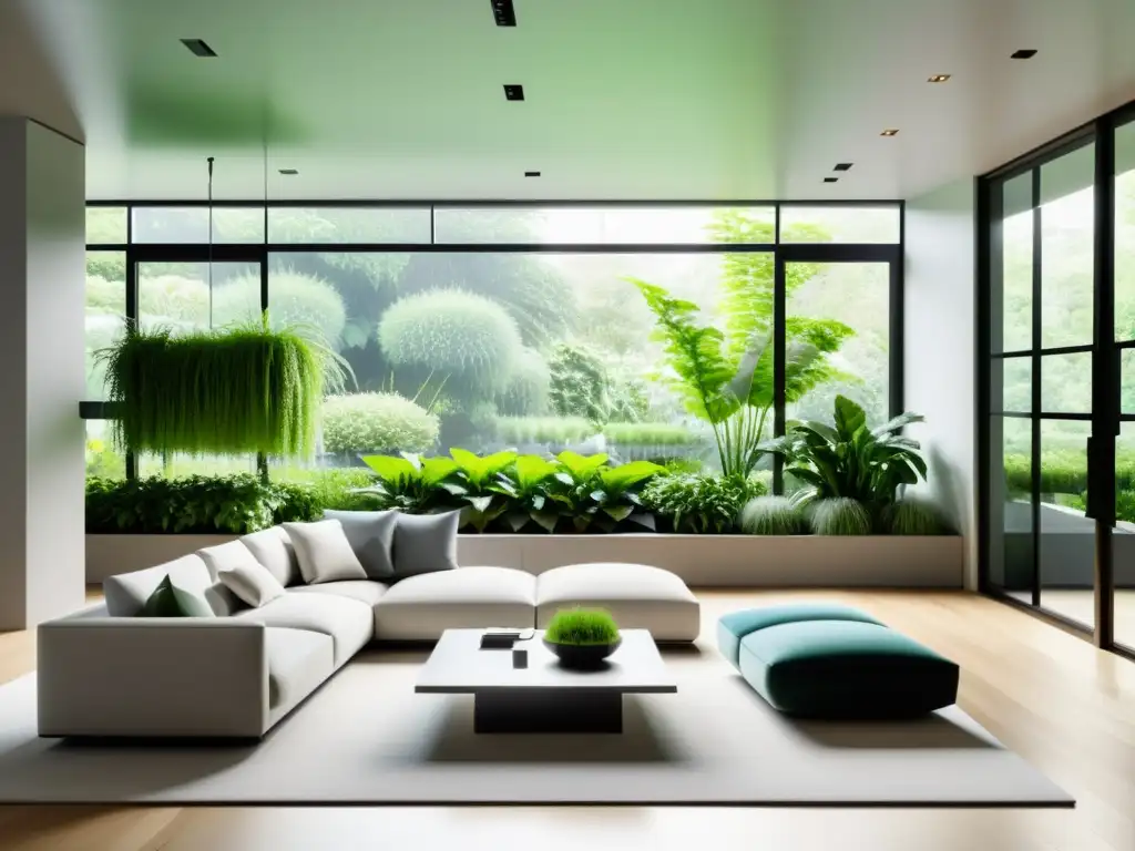 Diseño de espacios atractivos con sistemas hidropónicos: Sala moderna con vista a jardín verde y prósperas plantas hidropónicas