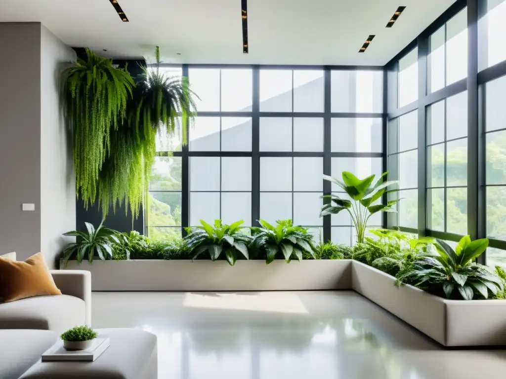 Diseño de espacios con plantas: Imagen detallada de un interior minimalista con plantas verdes estratégicamente ubicadas, creando armonía y serenidad