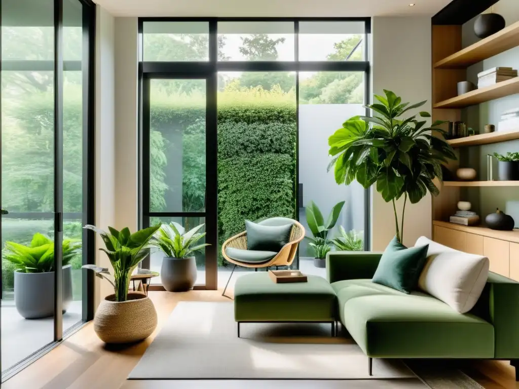 Diseño de espacios con plantas: Interior minimalista con ventanales, plantas verdes y rincón de lectura acogedor