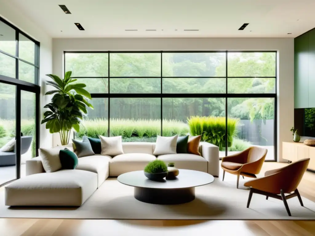 Diseño de espacios con plantas: Sala moderna con plantas verdes, iluminación natural y diseño minimalista