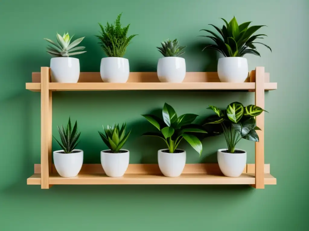 Diseño de estantes para plantas de interior: Elegante unidad minimalista con plantas verdes vibrantes en estantes de madera clara