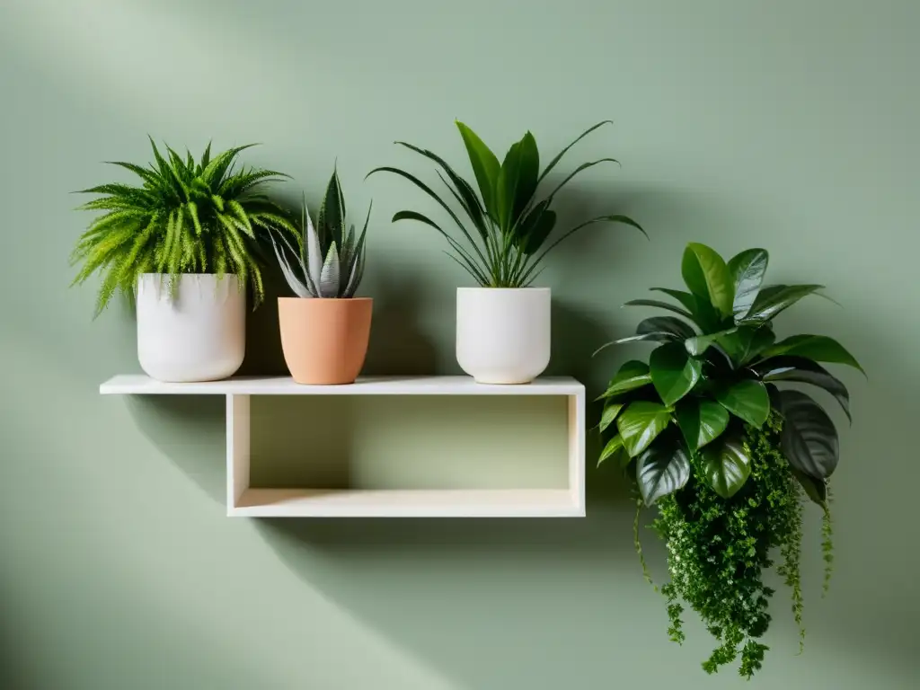 Diseño de estantes para plantas de interior: Elegante estantería blanca con exuberantes plantas verdes, iluminada por luz natural