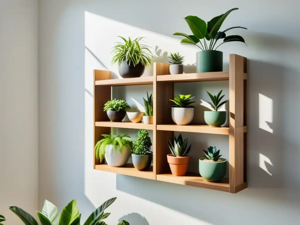 Diseño de estantes para plantas de interior: Elegante estantería de madera con plantas verdes en macetas geométricas, bañadas por suave luz natural