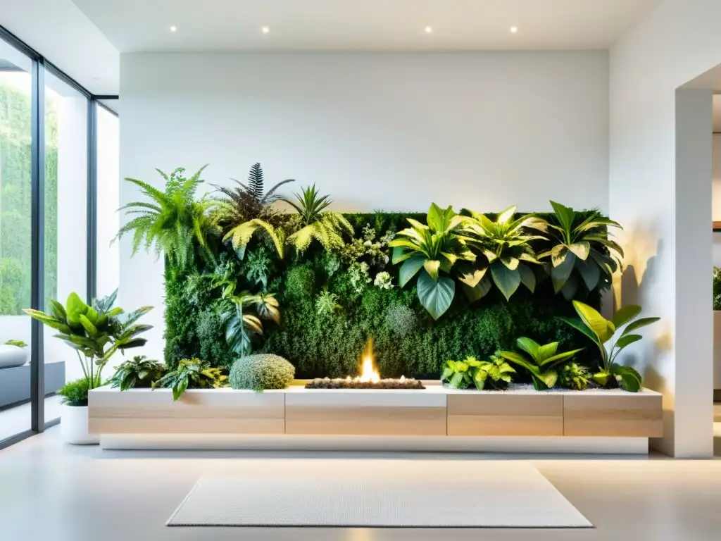 Diseño de jardín interior en estudio con plantas verdes en macetas geométricas, muebles modernos y ambiente armonioso