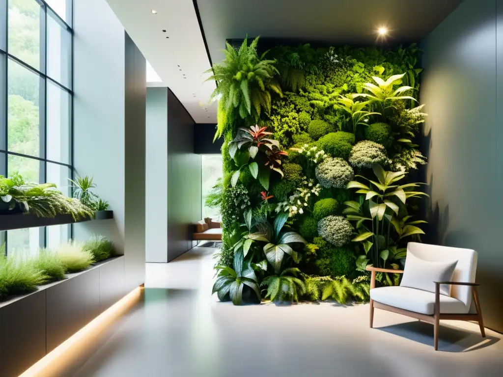 Un diseño interior minimalista con un impresionante jardín vertical, creando armonía y belleza natural