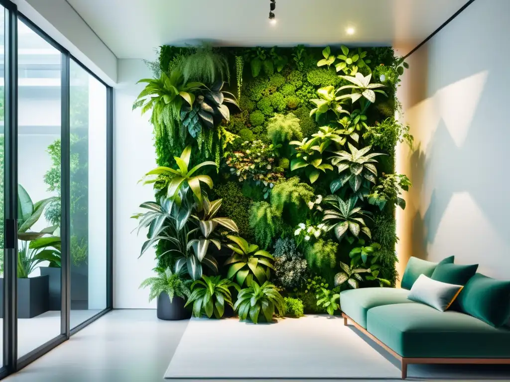 Un diseño interior minimalista con un impresionante jardín vertical de plantas verdes exuberantes formando patrones geométricos