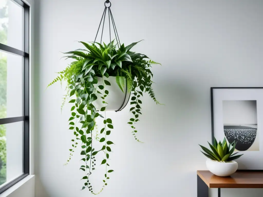 Un diseño interior minimalista con plantas trepadoras para interiores, creando un ambiente sereno y elegante con contraste vibrante