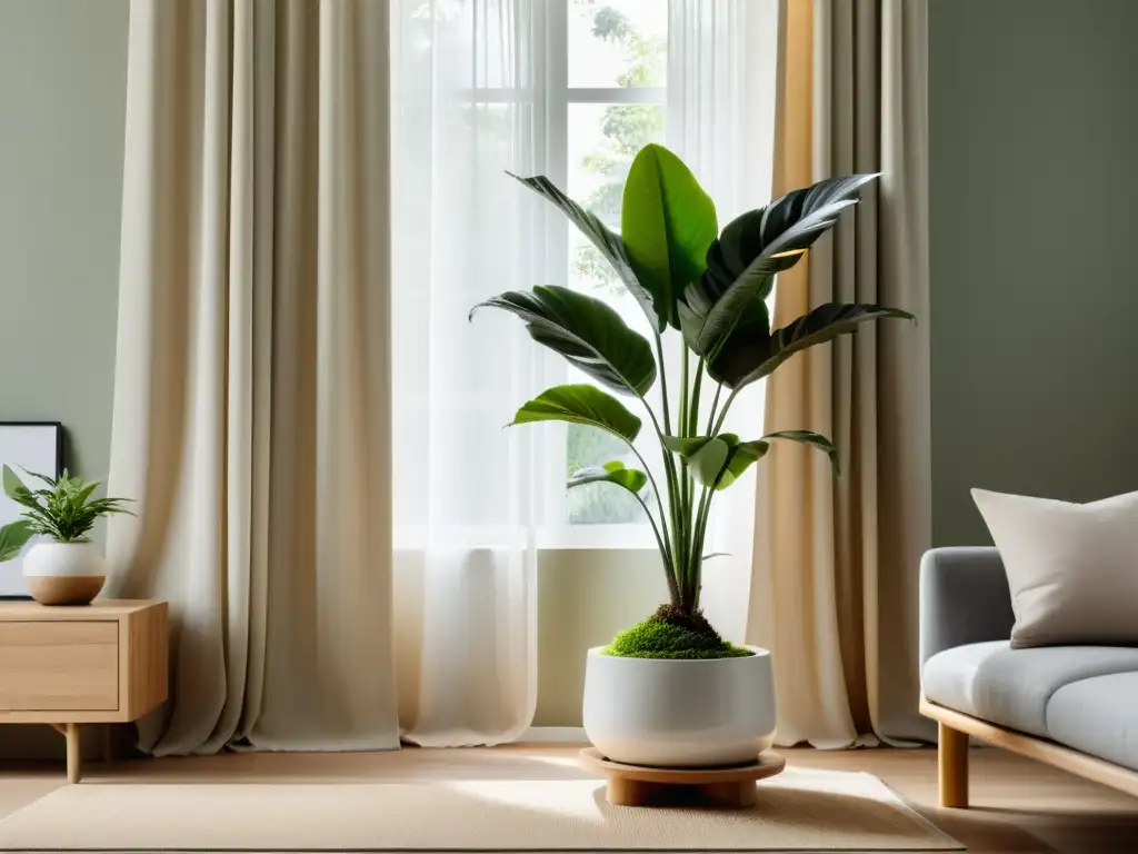 Un diseño interior minimalista con plantas de interior feng shui que aporta armonía con colores neutros y luz suave