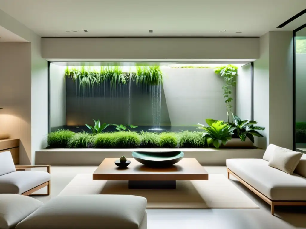 Un diseño interior minimalista con un sereno jardín acuático en el hogar, transmitiendo armonía natural y elegancia moderna