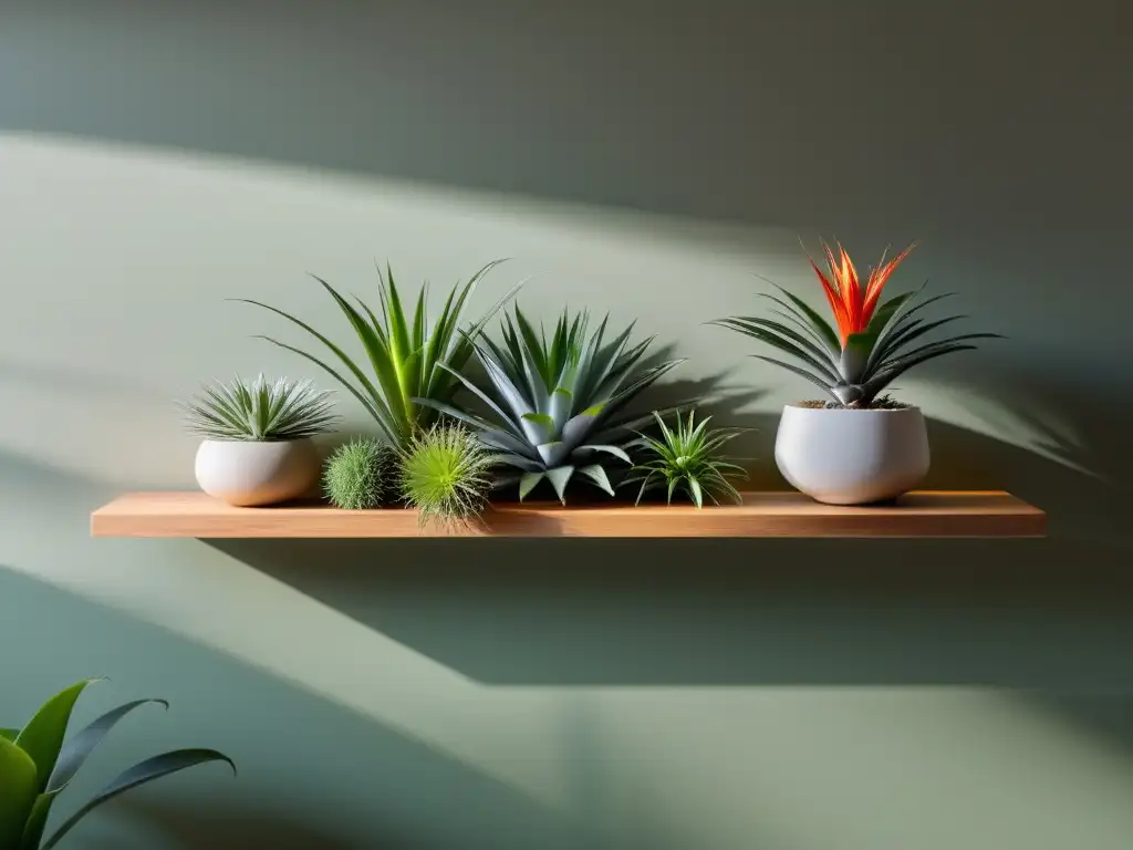 Un diseño interior sereno con estantería de madera y Tillandsias vibrantes, creando armonía y equilibrio con el Feng Shui en interiores