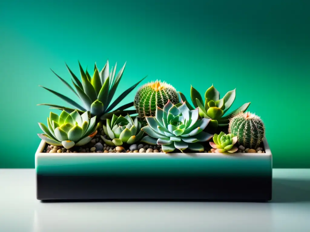 Diseño de jardines interiores con colores: Impresionante arreglo de suculentas y cactus en maceta negra, creando armonía y equilibrio visual