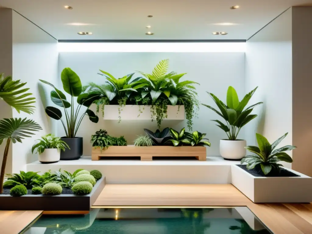 Diseño de jardines interiores con colores: Sereno jardín interior minimalista con plantas verdes en macetas modernas