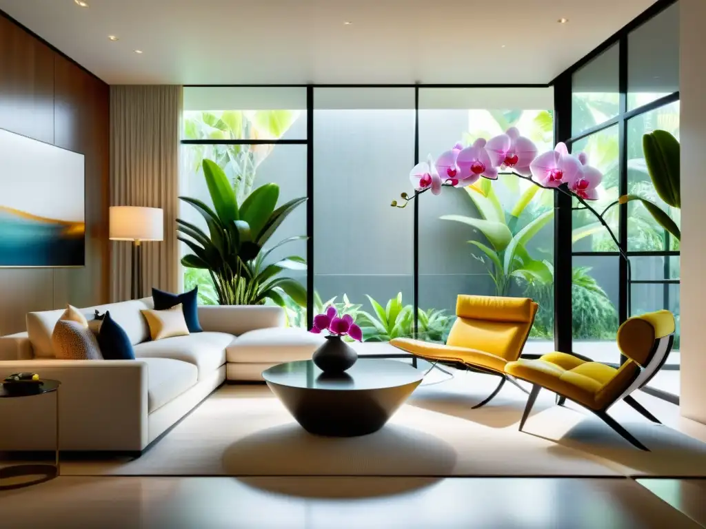 Diseño de interiores con orquídeas exóticas: Sala moderna, luminosa y elegante con toques tropicales y colores neutros