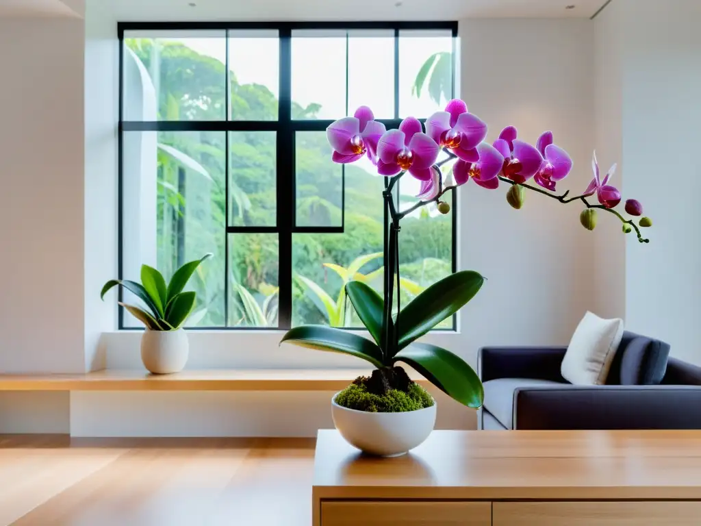 Diseño de interiores con orquídeas exóticas en un espacio minimalista y elegante, resaltando la belleza tropical de las flores