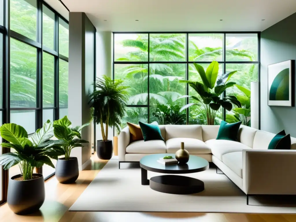 Serenidad contemporánea: Sala minimalista con plantas exuberantes Diseño de interiores con plantas sostenibles: Imagen de un salón moderno con abundante luz natural y plantas estratégicamente colocadas para crear un ambiente armonioso y sereno