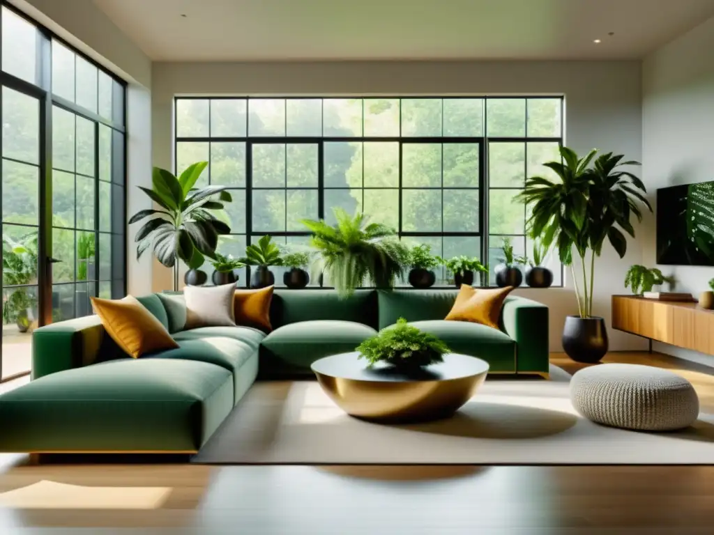 Diseño de interiores con plantas sostenibles: Sala moderna con plantas verdes en elegantes macetas, bañada en luz natural