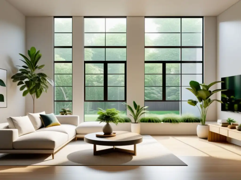 Diseño de interiores con plantas sostenibles: Sala minimalista con luz natural, plantas estratégicamente ubicadas y atmósfera armoniosa