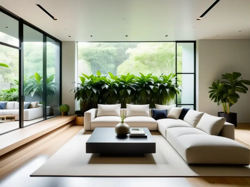 Sala de estar moderna con jardín interior exuberante Diseño de interiores con plantas sostenibles: Amplia sala moderna con jardín interior exuberante y mobiliario minimalista en tonos neutros