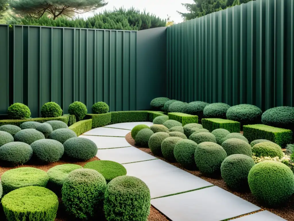 Diseño de jardín de invierno con plantas: Un oasis tranquilo de plantas perennes y flores delicadas, con un camino de piedra que conduce a un área de descanso serena rodeada de arbustos cuidadosamente podados