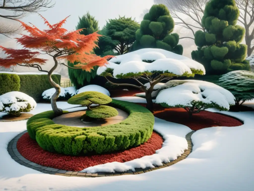 Diseño de jardín de invierno con plantas: Un sereno jardín invernal con arbustos perennes cuidadosamente podados y un pequeño arce japonés destacando entre la nieve, transmitiendo calma y sencillez