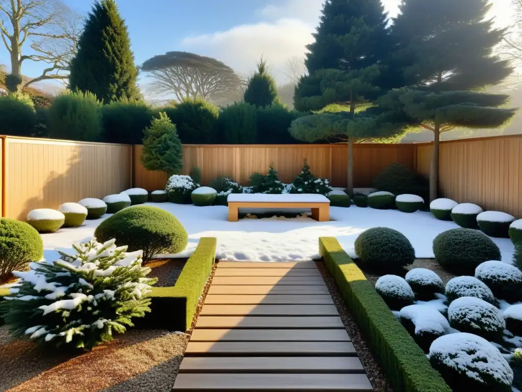 Diseño de jardín de invierno con plantas: Sereno jardín invernal, cubierto de nieve, senderos de piedra y área de descanso