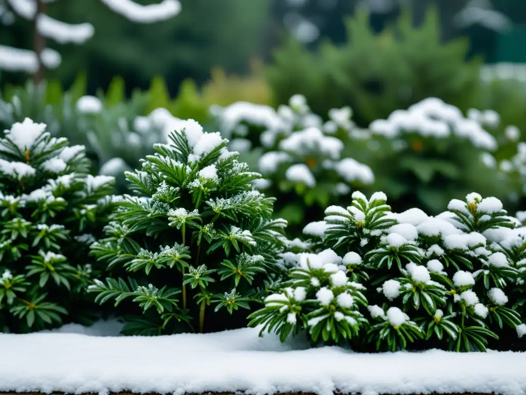 Diseño de jardín de invierno con plantas: Un sereno jardín invernal, con plantas perennes cubiertas de nieve, texturas verdes y delicado escarcha