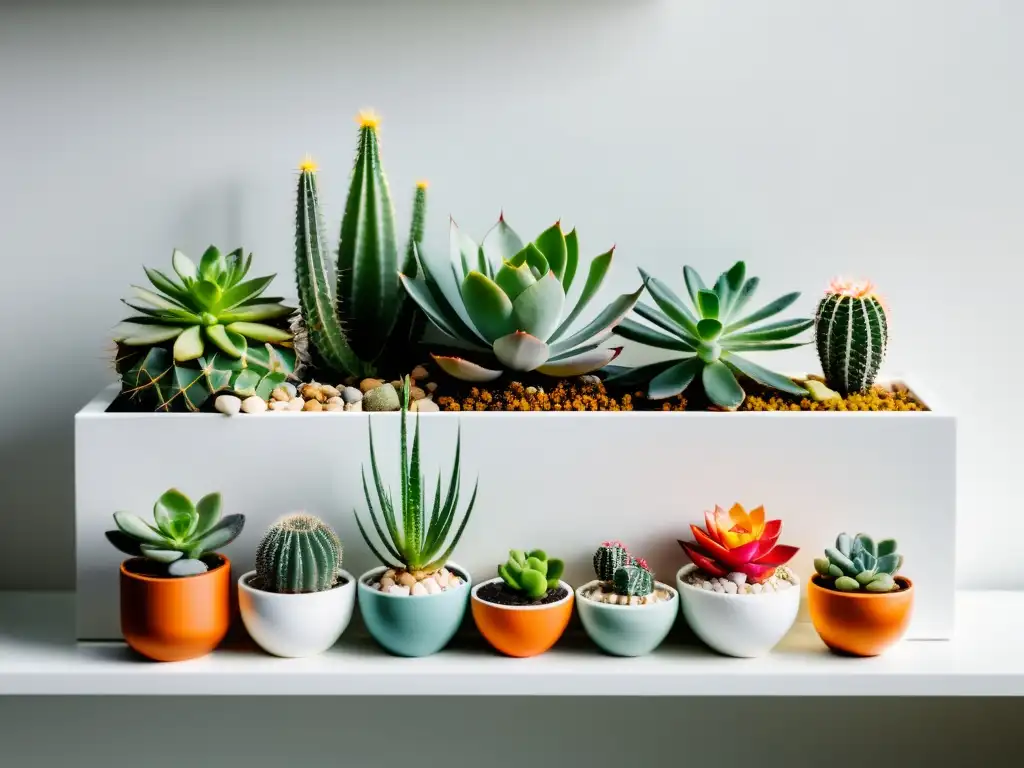 Diseño de minijardines en interiores con suculentas y cactus en macetas geométricas sobre estante blanco minimalista