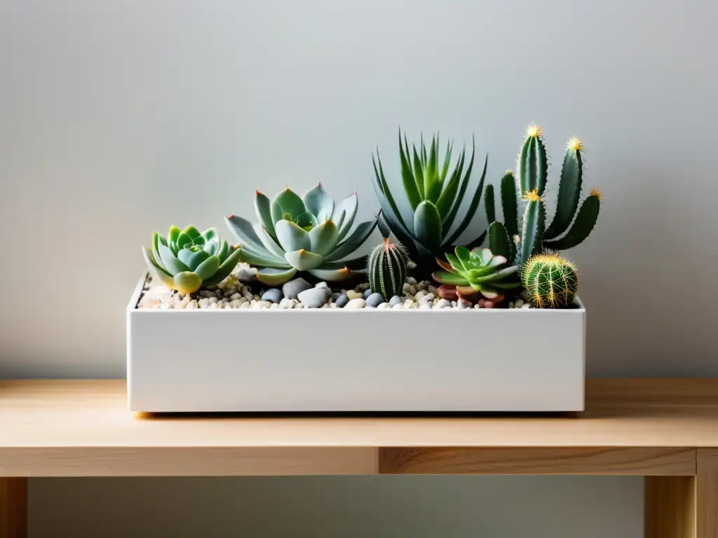 Diseño de minijardines en interiores con suculentas y cactus en maceta blanca sobre estante de madera y pared blanca, creando armonía y serenidad