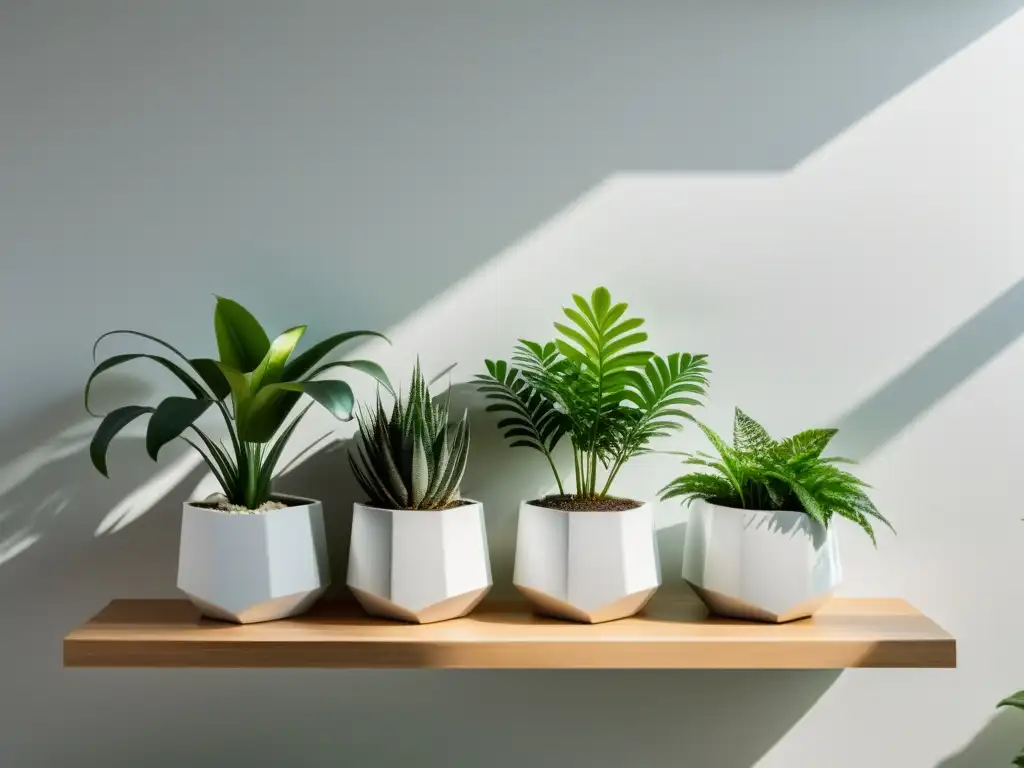 Diseño de minijardines en interiores: Sereno jardín con plantas verdes en macetas geométricas en estante moderno frente a pared blanca