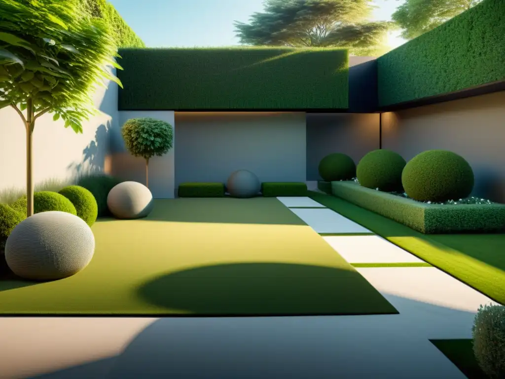 Diseño de jardín con realidad aumentada: Jardín minimalista en 8k con formas geométricas, vegetación exuberante y una atmósfera zen