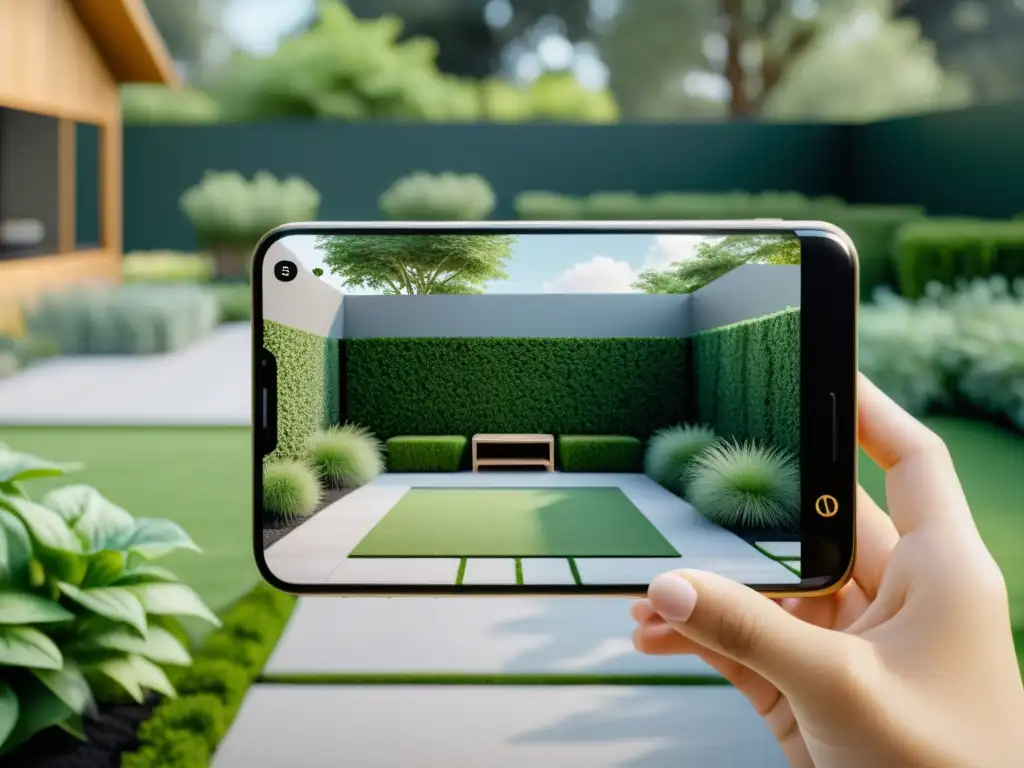 Diseño de jardín con realidad aumentada: smartphone muestra app con jardín digital en patio real, integrando naturaleza y tecnología