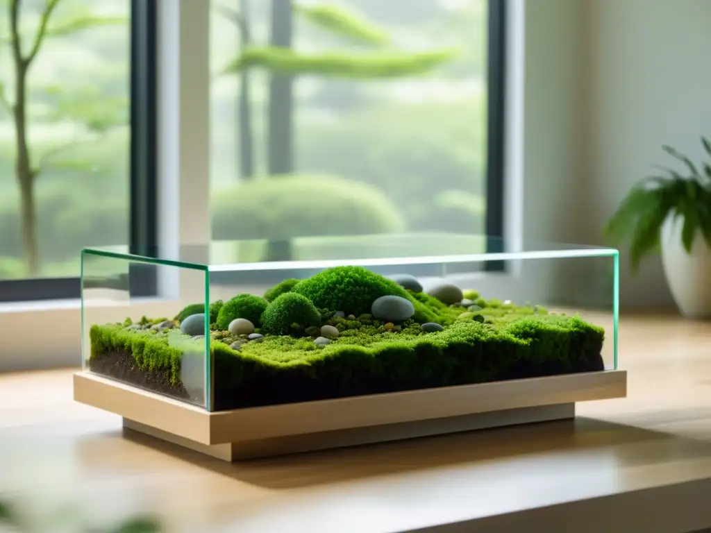 Diseño de jardines de musgo en sala minimalista con luz natural y ambiente armonioso