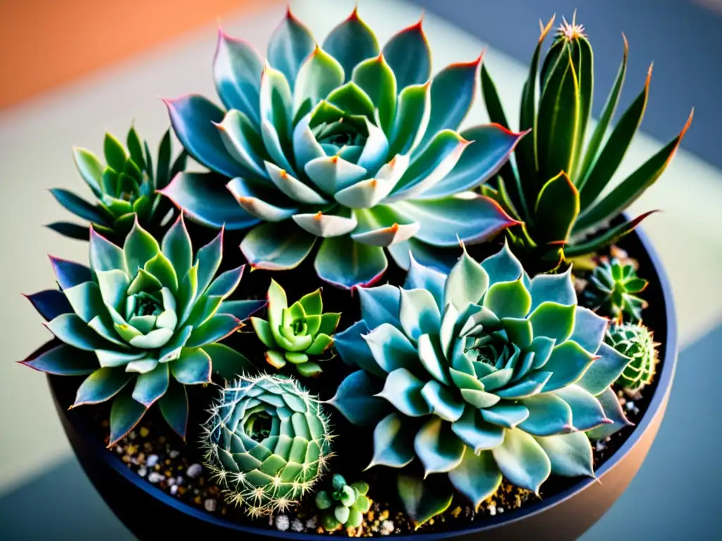 Un diseño de cactus y suculentas en un moderno planter interior