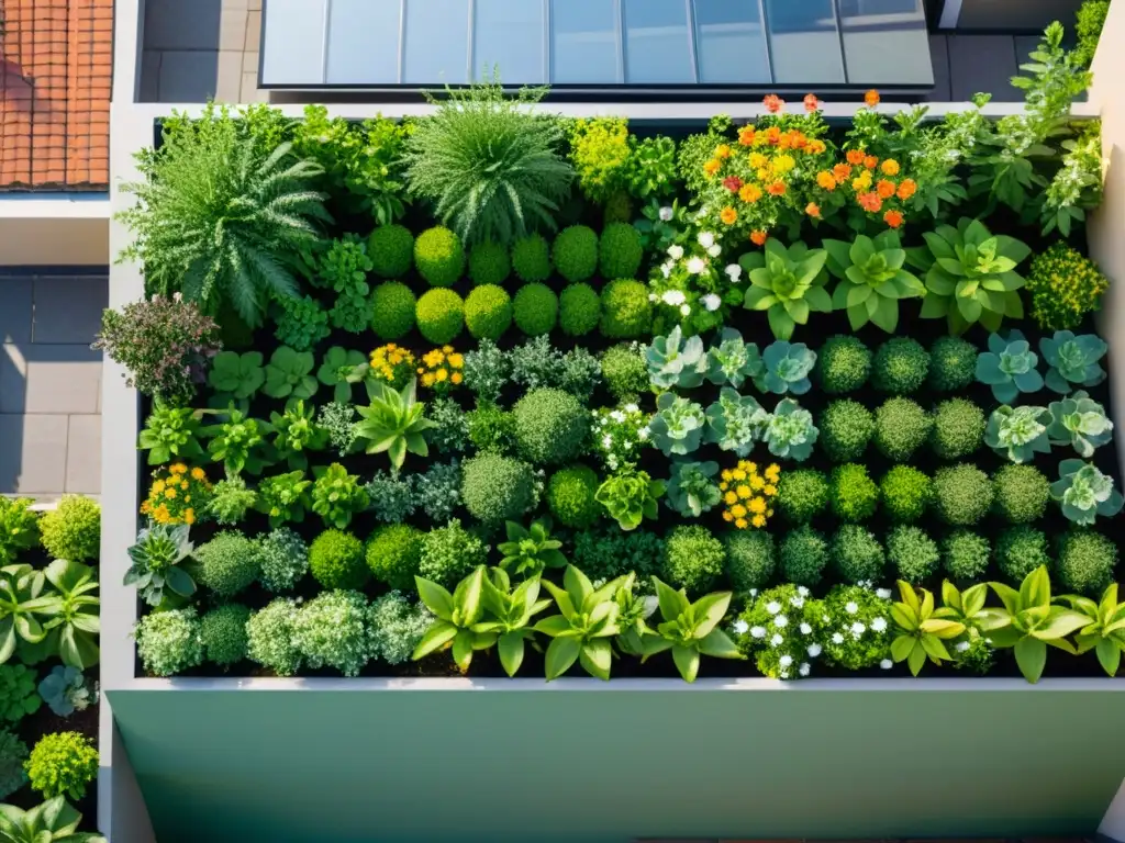 Diseño de techos verdes en espacios pequeños: un jardín exuberante y colorido en una azotea urbana, con patrones geométricos y una atmósfera cálida