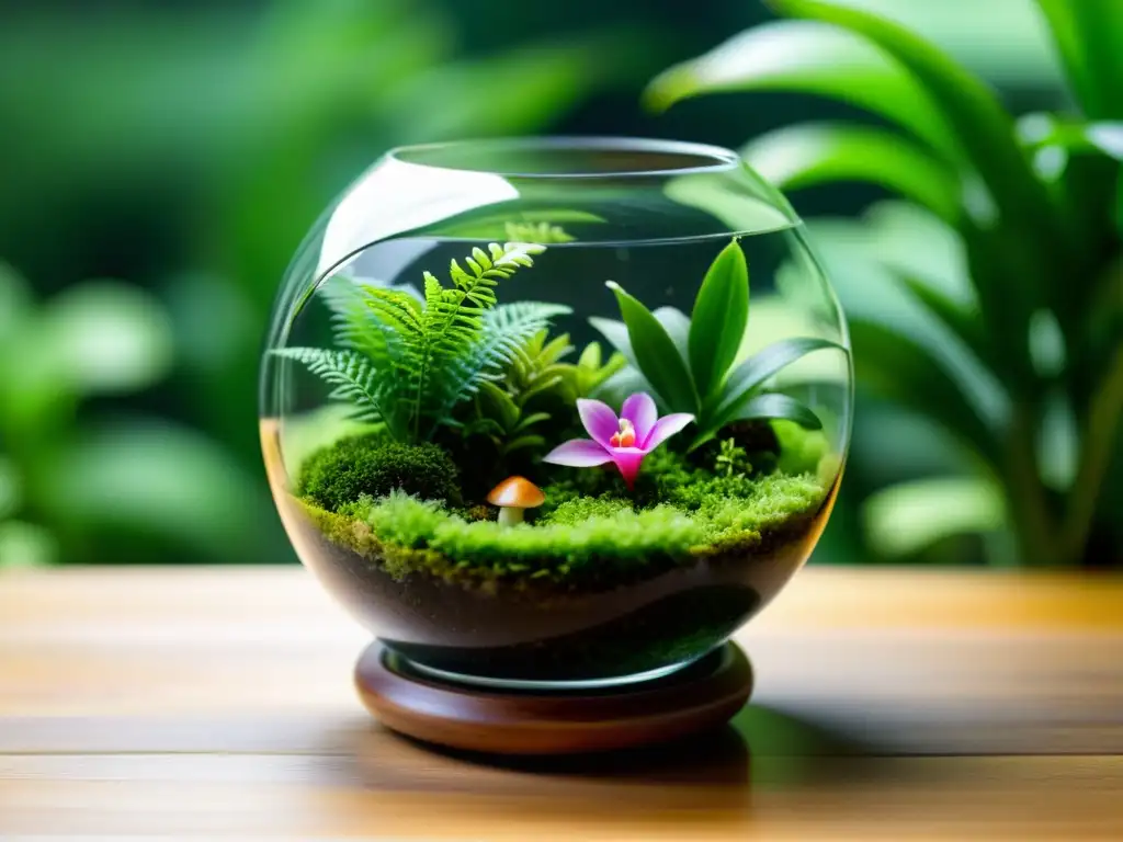 Diseño único de terrario con musgo vibrante, helechos en miniatura y orquídeas delicadas en un contenedor de cristal