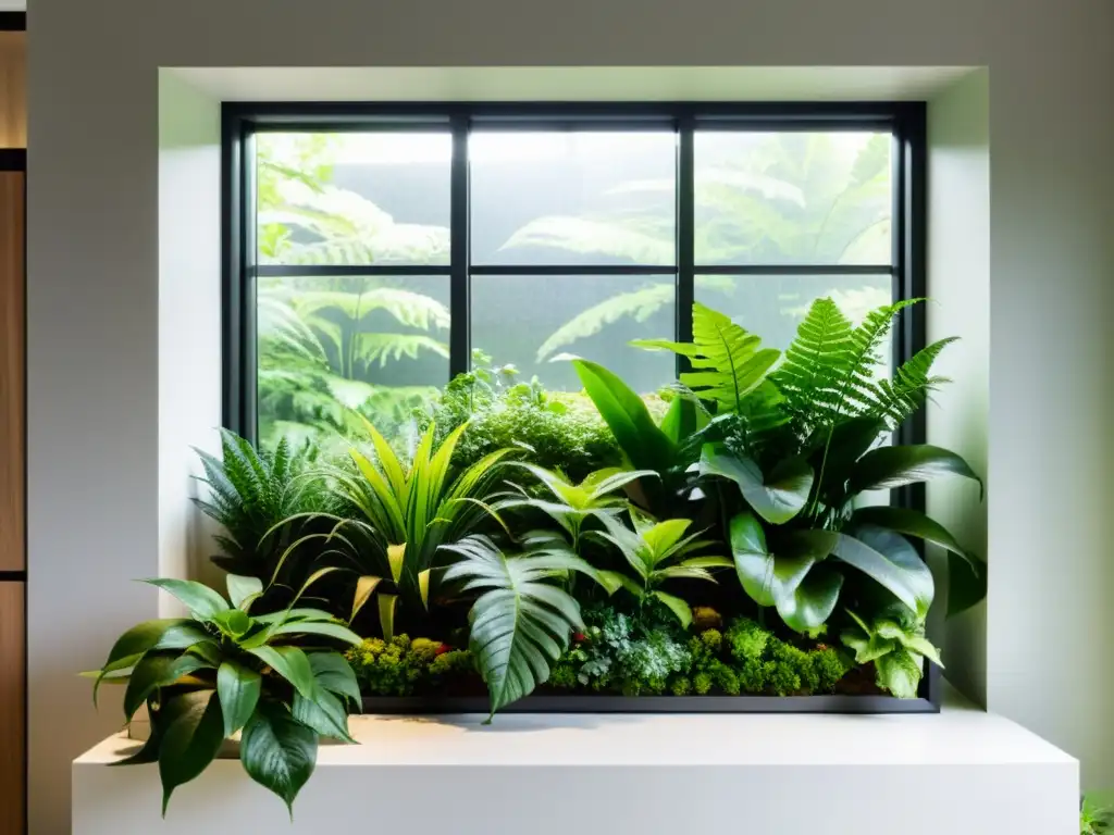 Diseño de jardín vertical con plantas de interior vibrantes, creando un ambiente tranquilo y acogedor con luz natural filtrada