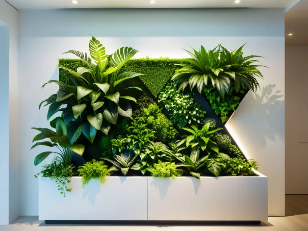 Diseño de jardín vertical con plantas de interior en patrones geométricos, aportando elegancia natural a un espacio contemporáneo iluminado suavemente