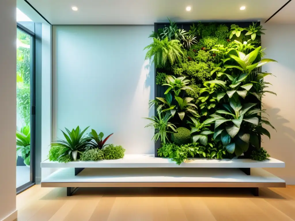 Diseño de jardín vertical con plantas de interiores, atmósfera serena y atractiva