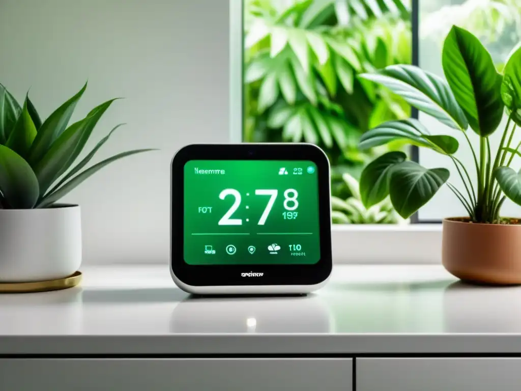 Un dispositivo inteligente para el hogar con diseño minimalista que muestra controles de temperatura y luz en tiempo real para plantas de interior