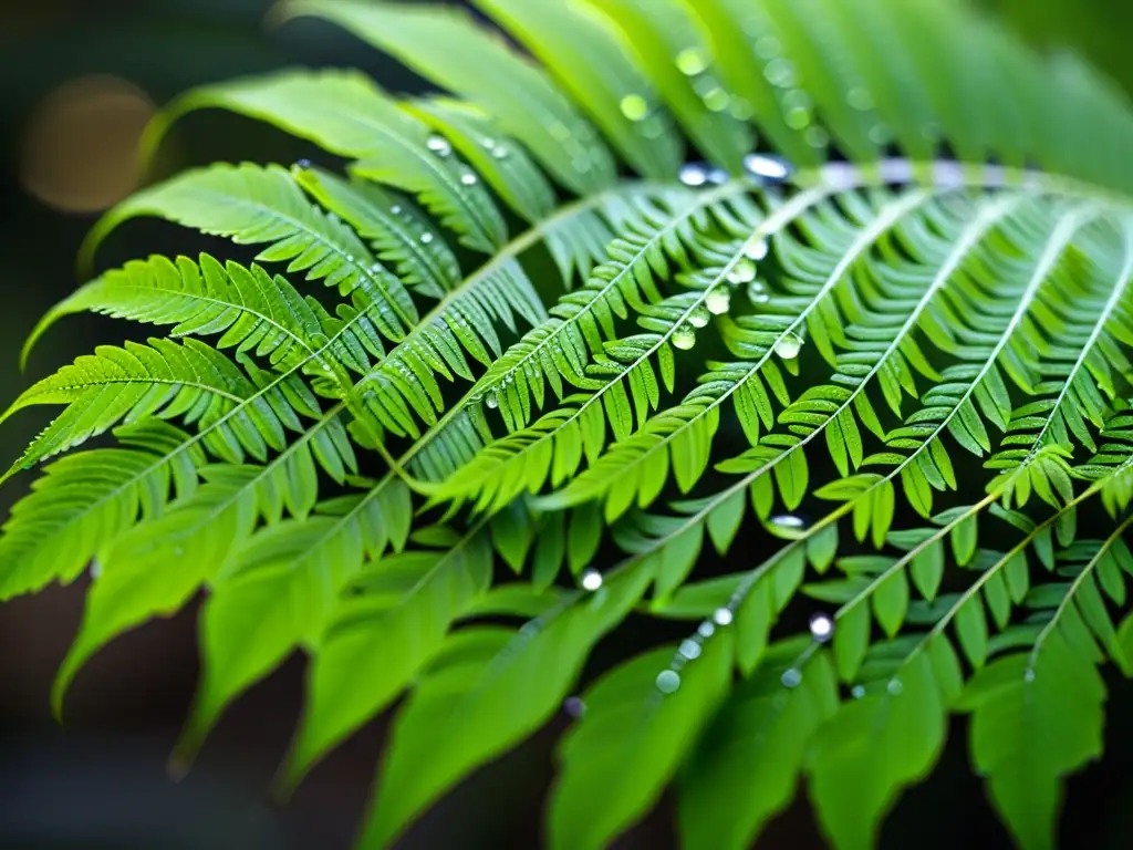 Diversidad vegetal del planeta: Detalle de una exuberante hoja de helecho verde con delicadas gotas de agua, bañada en suave luz natural