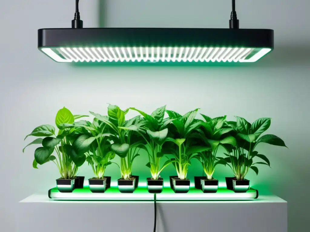 Un jardín hidropónico doméstico iluminado con LED, creando un ambiente sereno