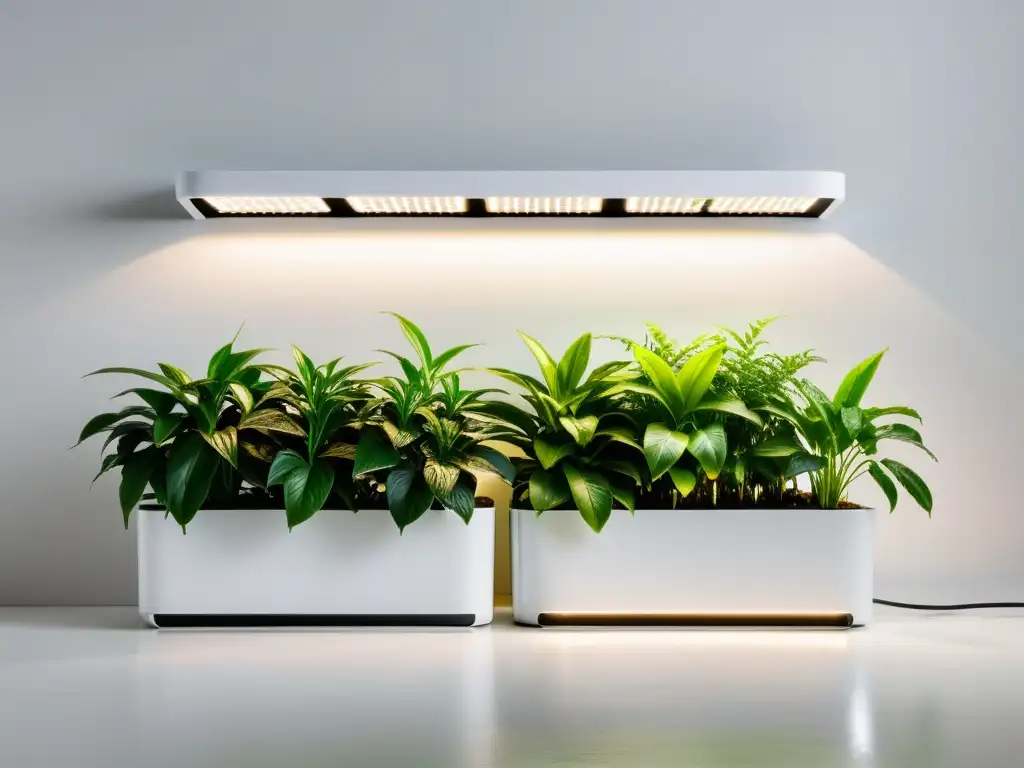 Domótica para cuidado plantas interior: Sistema minimalista con plantas verdes exuberantes y luces LED suaves